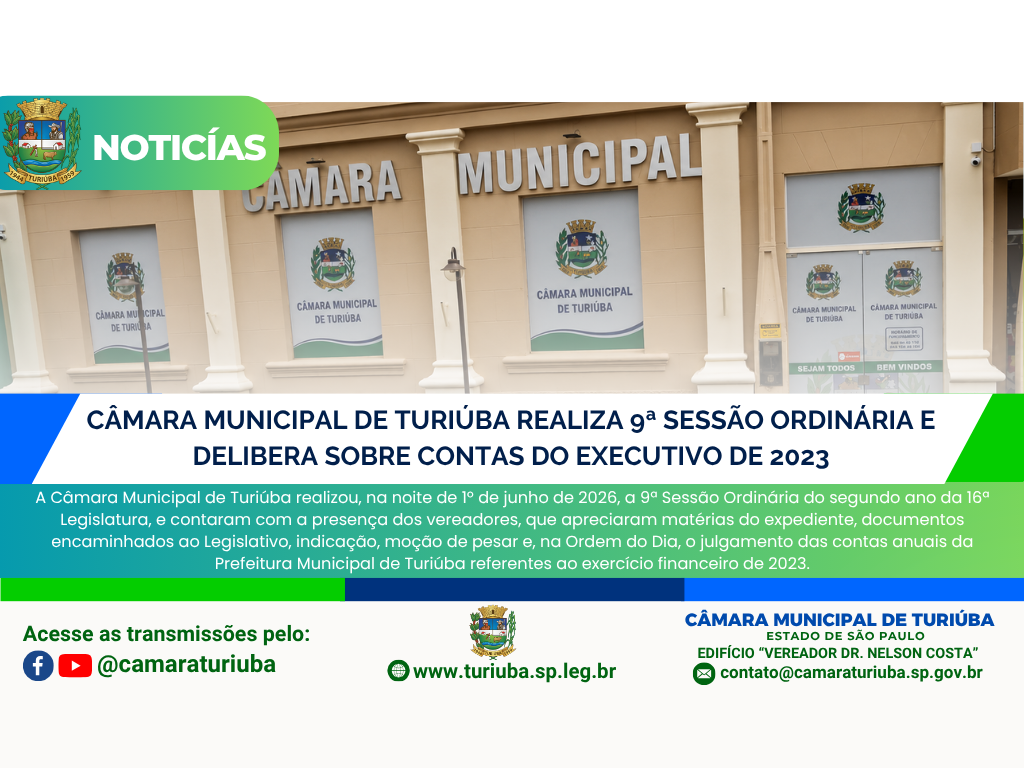 Câmara Municipal de Turiúba realiza 9ª Sessão Ordinária e delibera sobre contas do Executivo de 2023.